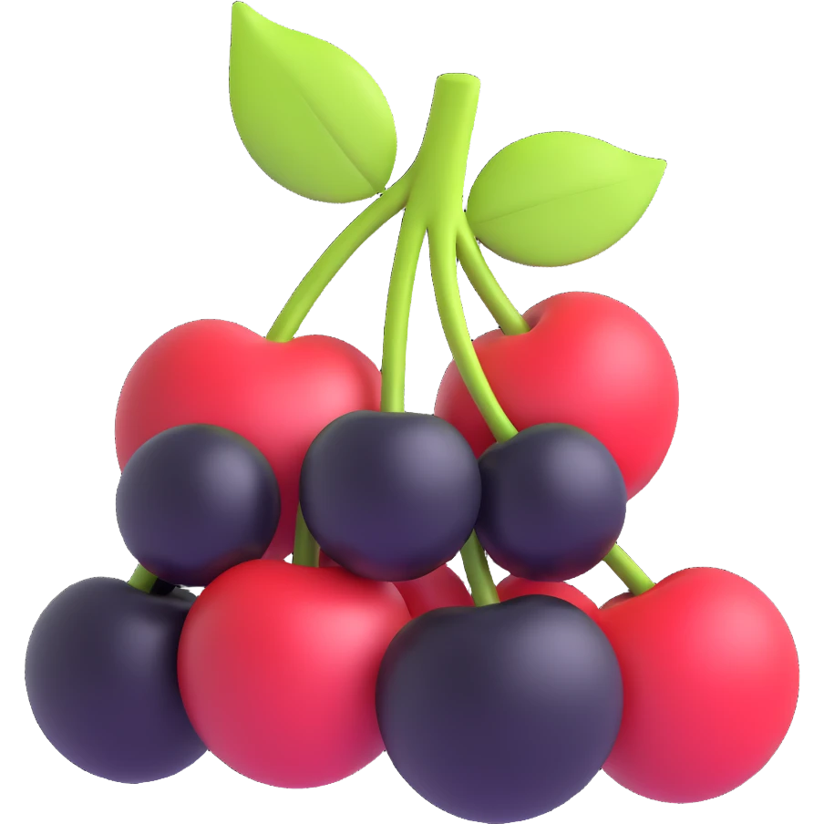 Make the cherry antipy as volumetric as possible, add expressive lighting and shading, change the color of the berries to black, in a modern 3D iOS style with a clean background. emoji