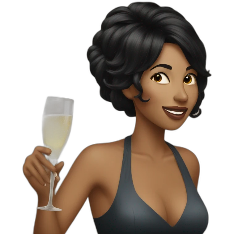 Funny blackhair woman drinks champagne emoji