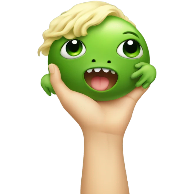 Little blonde baby holding hands with a big green one eyed monster emoji
