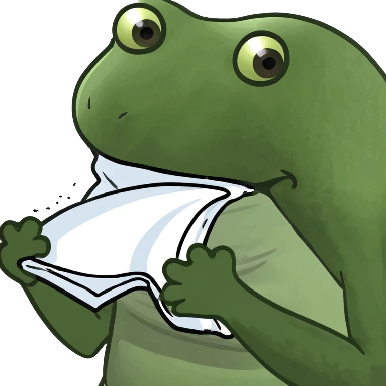 bufo frog sneezing, holding a tissue, looking unwell emoji