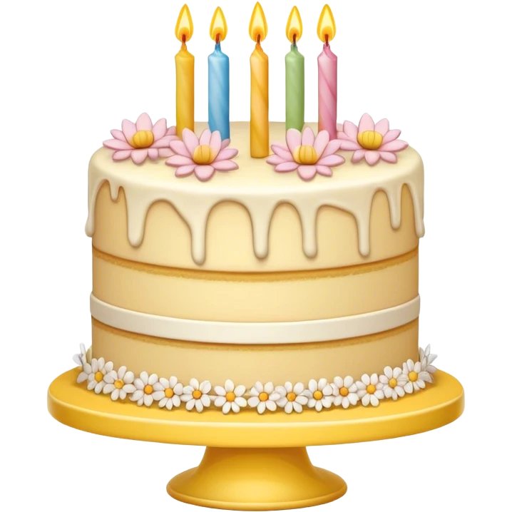  beige and white vanilla birthday cake with flowers, on a yellow cake stand emoji