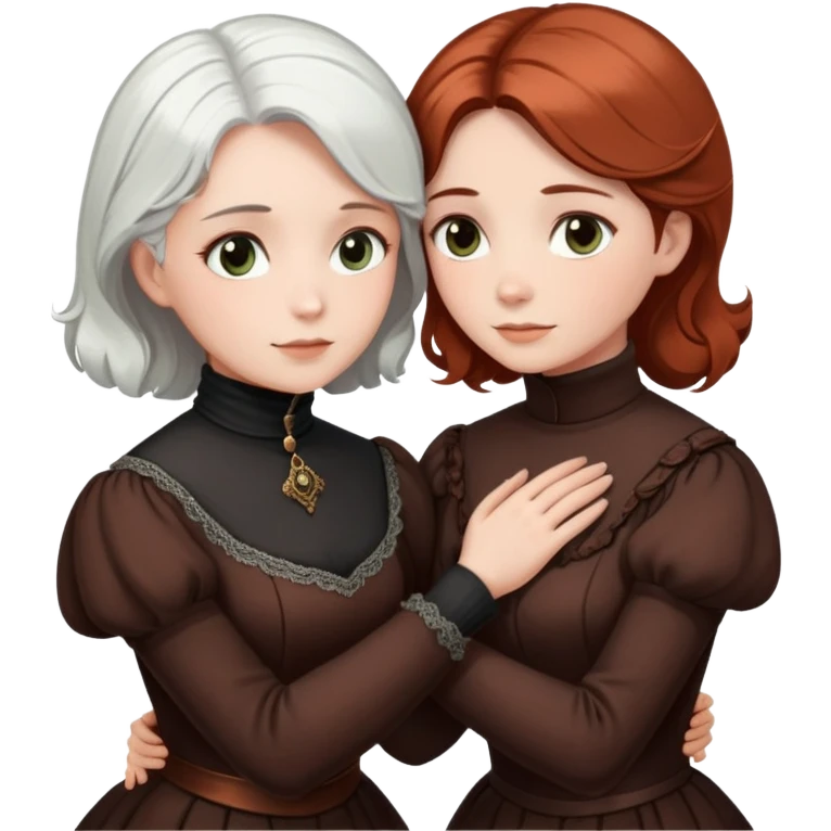 Two Victorian women with light eyes, one with white hair and one with dark copper hair, wearing Victorian turtleneck dresses, hugging each other closely emoji