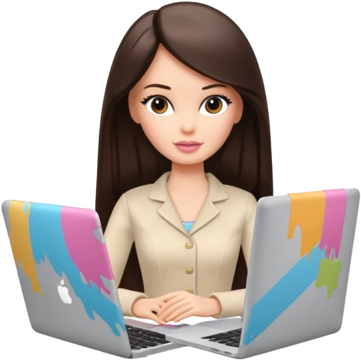 Barbie girl with a long straight dark brown hair inside a pale beige clothes working MacBook  emoji