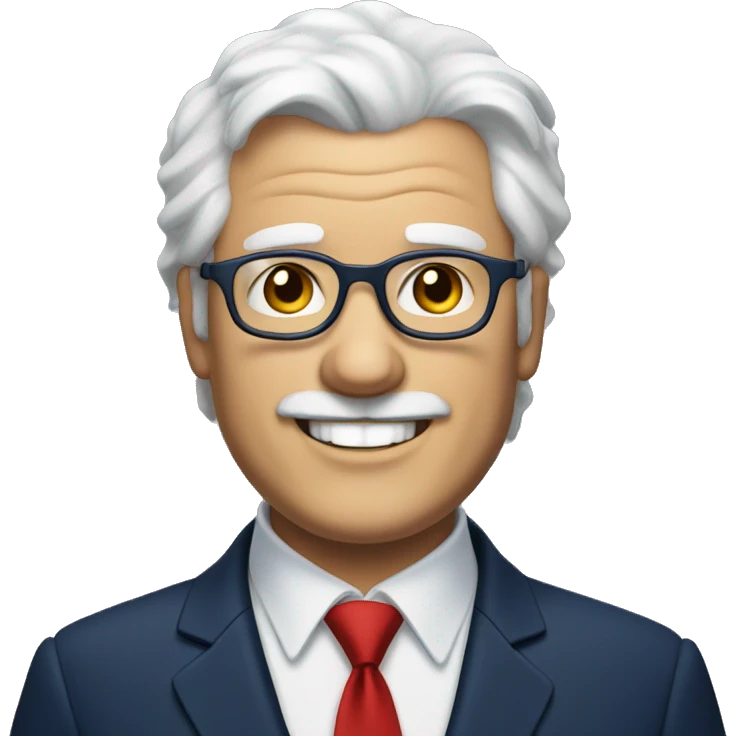 A fat older man, white hair, with glasses, no beard, smiling with teeth, and wearing a navy blue suit and red tie emoji