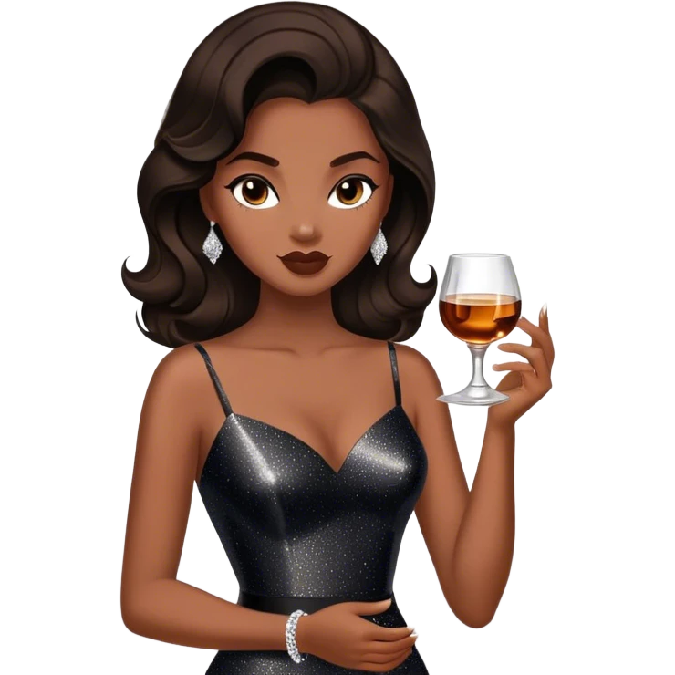 Beautiful woman in 1950’s woman fashion look, black shimmery dress, long dark brown hair, whisky with ice emoji