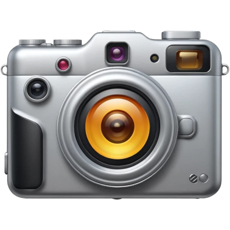Minimal emoji icon of a modern metalic camera, front view, simple shapes, realistic lens,  emoji