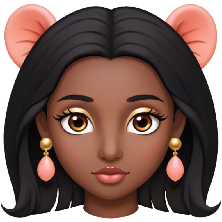 Pelo negro largo lacio hacia el frente,tes morena oscura, cejas pronunciadas, ojos grandes con pestañas largas color marrón oscuro los ojos, nariz pequeña, labios grandes con arco de cupido color coral claro, orejas pequeñas y con pantallas pequeñas de bolita color oro emoji