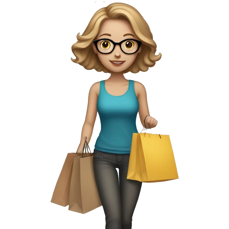 white girl with light brown hair and glasses. she has shopping bags in her hand. emoji