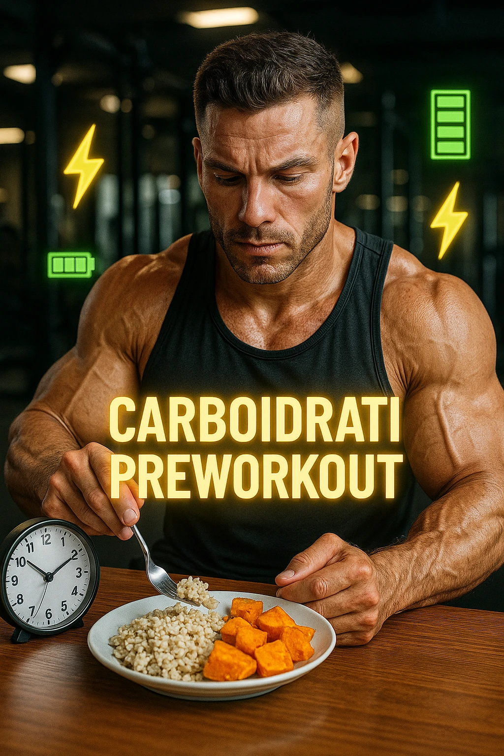 Uomo atletico seduto al tavolo poco prima di andare in palestra, mentre mangia una porzione di riso integrale e patate dolci con un’espressione consapevole e concentrata. Sullo sfondo si intravede la palestra. Sopra al piatto c’è una scritta luminosa 'Carboidrati preworkout'. Accanto a lui, un orologio indica che mancano 45 minuti all’allenamento. Il suo corpo appare pronto, i muscoli sono pieni e ben vascolarizzati, e sullo sfondo ci sono icone simboliche di energia (es. fulmini, barre di energia verdi). Atmosfera motivante e piena di vitalità. in italiano emoji