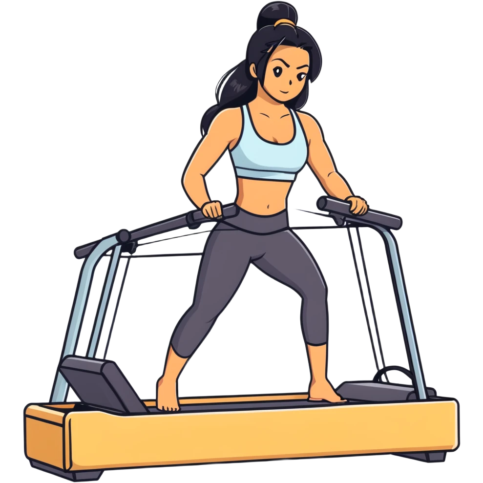 woman with tanned skin, long black hair, wearing a sports bra, doing exercise on a Pilates reformer machine emoji