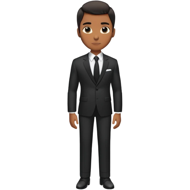 A full-body digital illustration of a Black man standing confidently in a well-fitted dark suit, white dress shirt, and black tie. He has short, neatly groomed hair and a professional yet approachable expression.  emoji