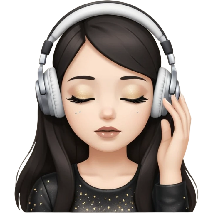 Girl with long dark hair, fair skin tone, wearing a black leather top, has glitter on her eyelids, and taupe lipstick, wearing white headphones, her hands are on her ears, and her eyes are close emoji
