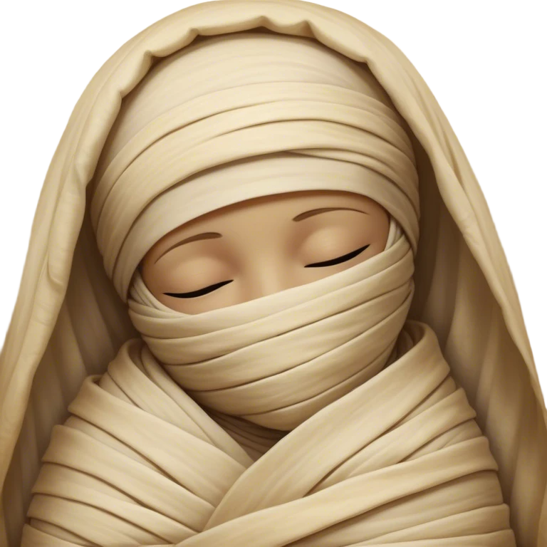 A snug, cozily wrapped mummy, fully encased in soft, slightly loose bandages, even its face gently hidden behind folds with only a tiny glimpse of sleepy eyes, nestled in warm, faded tones with gentle golden accents, simplified yet irresistibly charming, highly detailed with a soft glowing outline capturing the peaceful aura of an ancient being drifting into rest! emoji