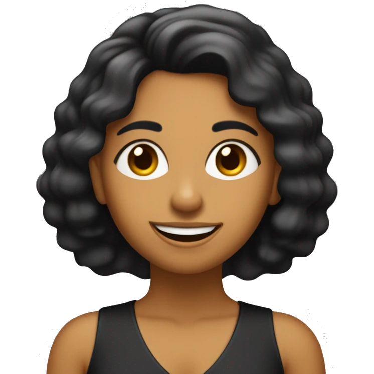 mujer de 29 años con cabello negro liso, peinado con partitura a la izquierda, nariz pequeña y respingada, con pecas, con sonrisa emoji