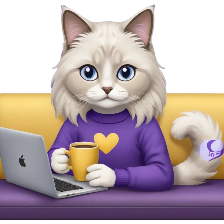 a cute blue eyed brown and white ragdoll cat with white paws and brown and beige tail wearing the dark violet sweater with yellow letteting "Milena" sitting on the grey sofa with grey laptop and drinking coffee emoji