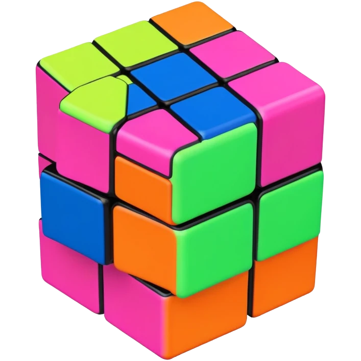A 3x3 Rubik's Cube completely scrambled, with 90s American color palette, fluorescent orange, lime green, hot pink, electric blue, viewed from above emoji