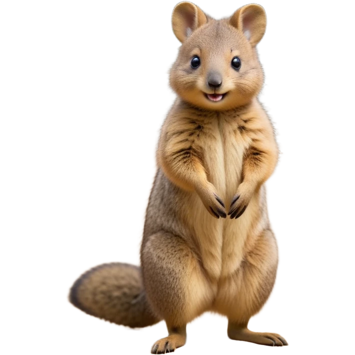 cinematic-quokka wallaby-realistic-full-body-standing on its hind legs hunched over-emoji,-small-round-frame-balanced-on-tiny-strong-hind-legs,giant fluffy cheeks large smile-fluffy-brown-fur-radiating-a-warm-softness,-big-round-eyes-filled-with-joy-and-innocence,-tiny-clawed-paws-held-close-to-chest,-cheerful-smile-exuding-endearing-happiness,-simplified-yet-realistic-focused-features,-highly-detailed,-glowing-with-a-sunny-warmth, skinny tail emoji