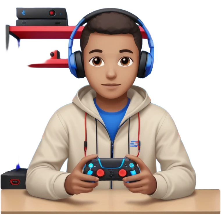 Black Muslim gamer sitting in a gaming setup with LED lights (red/blue), PS5 2025 controller in hand, confident pose, headphones around neck, posters and shelves in background, high-resolution portrait, crisp details, cinematic lighting. emoji