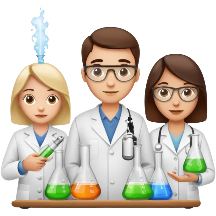 Five chemists: one organic chemist, on physical chemist, one inorganic chemist, one technical chemist and on theoretical chemist – each one with a typical item for their field emoji