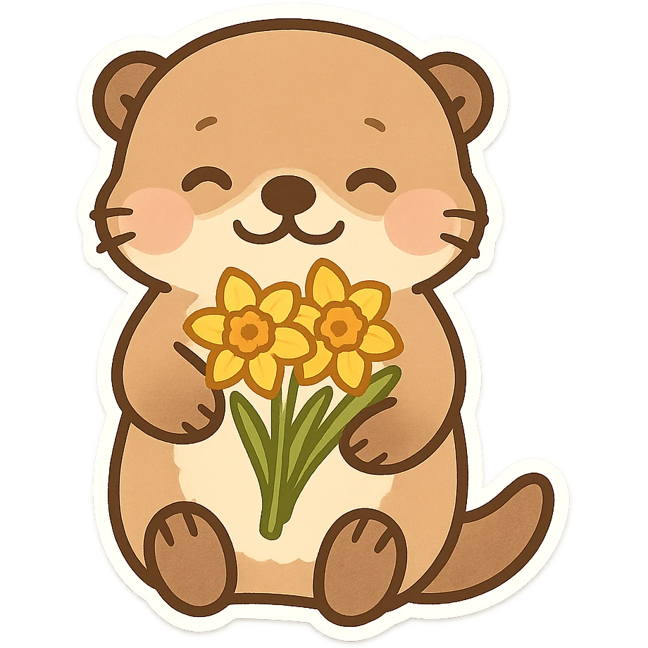 Sea otter with daffodils on its belly, cartoon style, Q version sticker style, simple and cute emoji