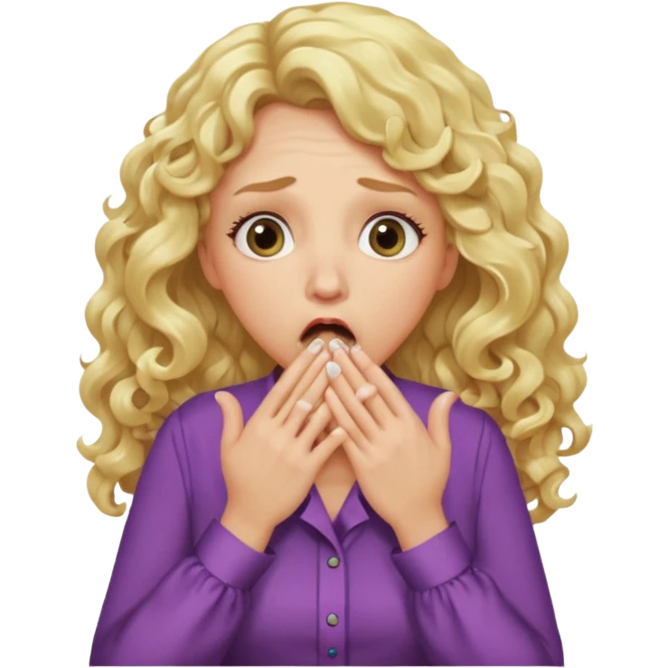 mother with blond long curly hair shocked with hands on her mouth emoji