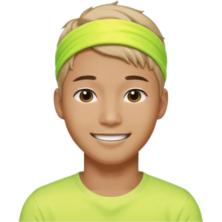 Korean 27-year-old male health coach / Wearing fluorescent colors / White face / Hairband / Smiling expression / Short hair / emoji