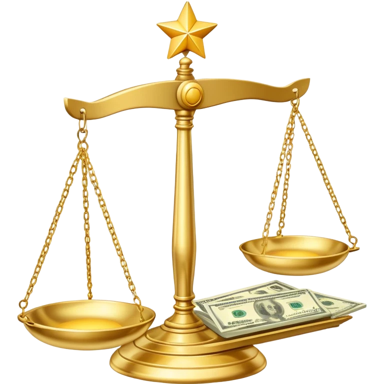 A shiny gold balance scale with dollar bills on the left side and three stars on the right side emoji