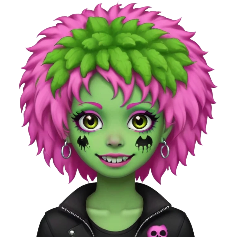 girl, green zombie,pink afro, long, emo, shaggy, dark, spooky,double eyebrow dermal piercing, cute illuminous smile emoji