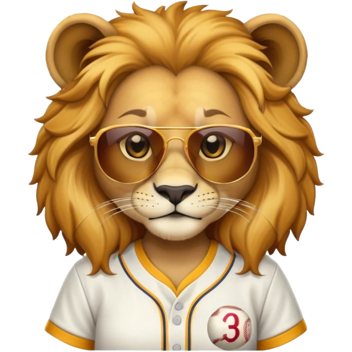 head and shoulders close-crop of a confident female lion wearing a baseball shirt and dark sunglasses emoji