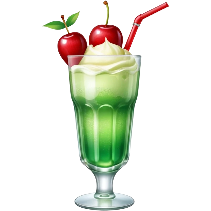 Create an emoji with a clear rounded glass, bright transparent green soda with fine bubbles, a smooth vanilla scoop circle shape, a glossy red cherry, using vibrant colors, soft shading, and clear glass highlights.
 emoji