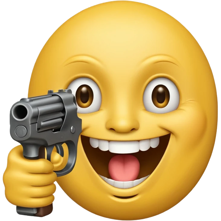 Yellow laughing face pointing gun at its own mount. The barrel of the gun is pointed towards the smile into the mouth emoji