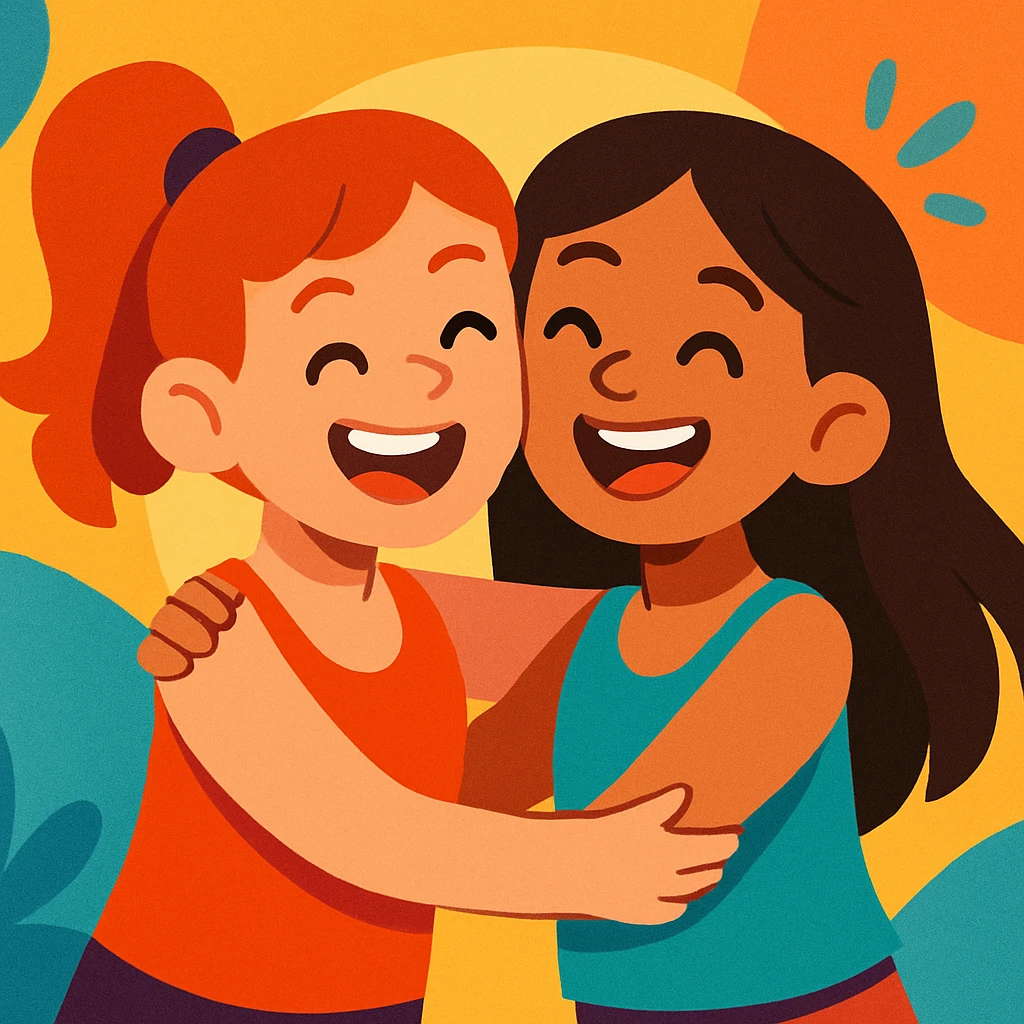 two best friends, girls in tank tops hugging, cheerful, colorful cartoon style emoji