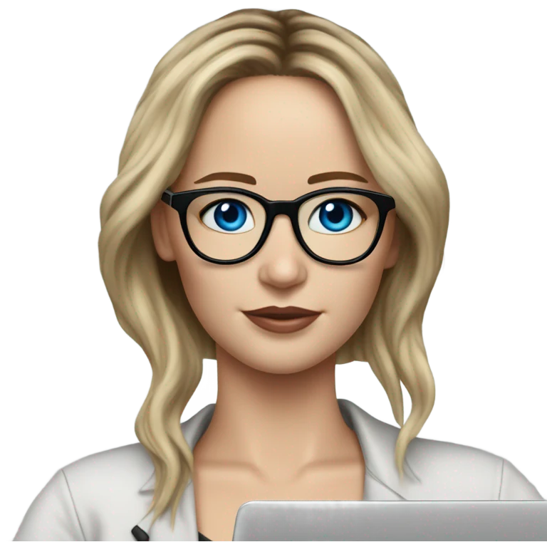 Realistic Photo of Brunette Jennifer Lawrence wearing black glasses and blue eyes  on a laptop  emoji