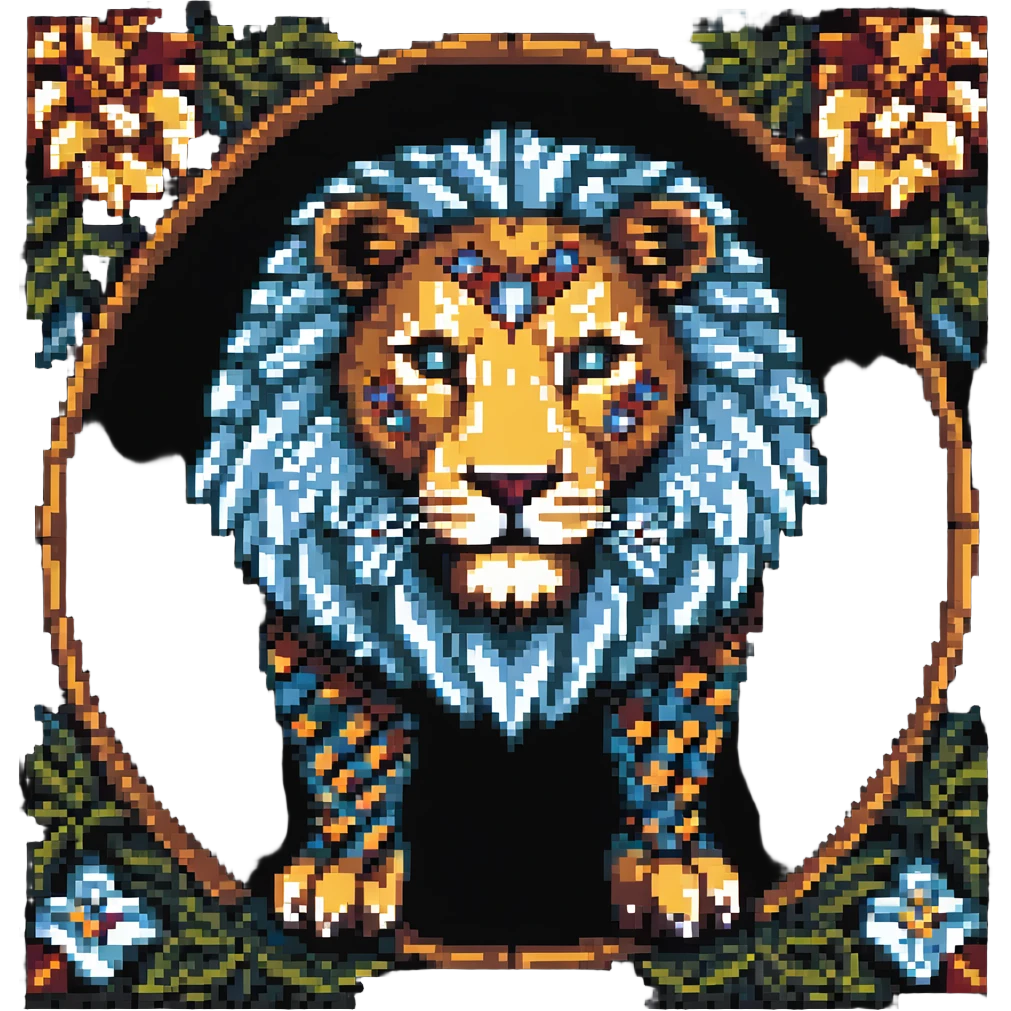 pixel art lion with medieval decorative patterns, based on stone carving emoji