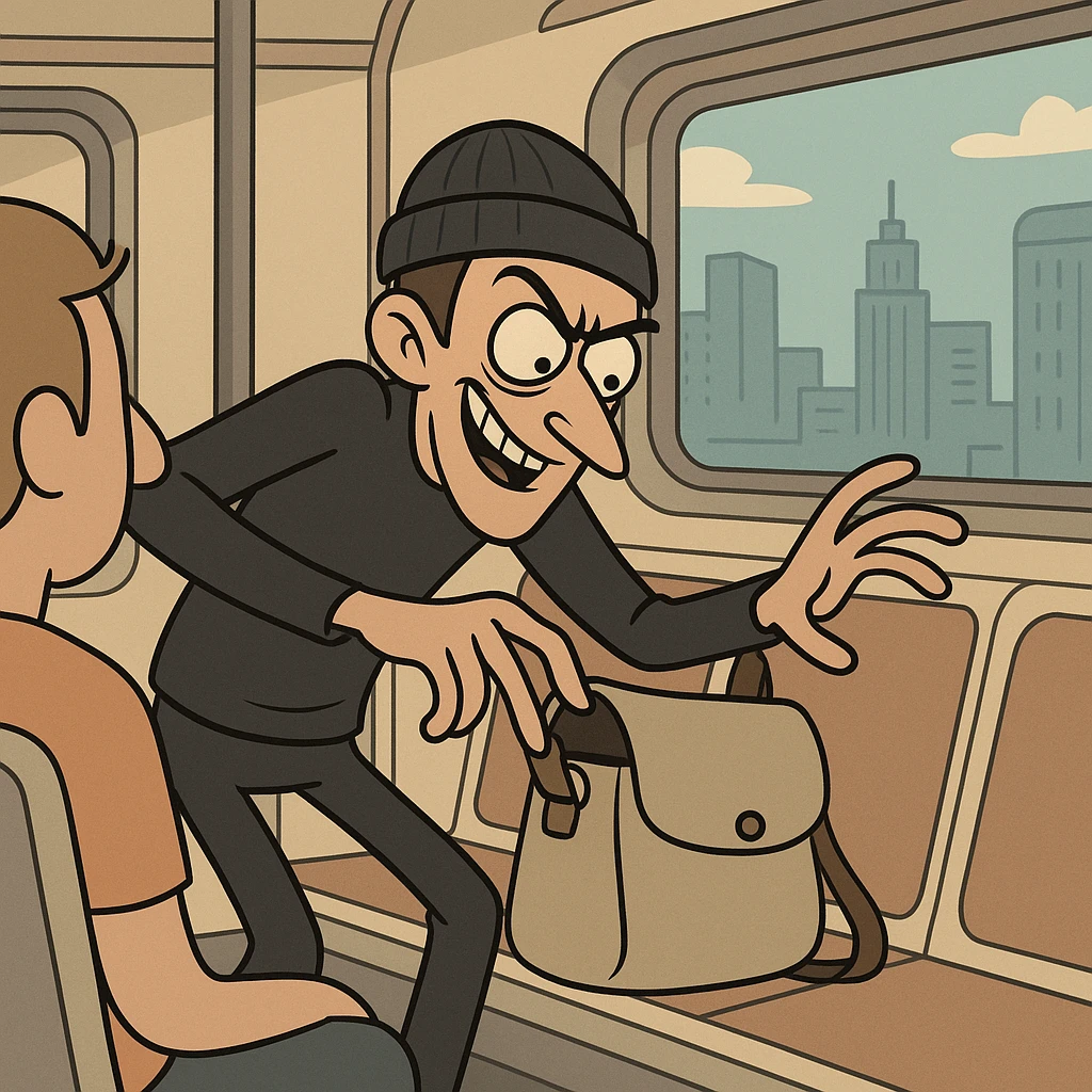 stylized cartoon of a sneaky thief reaching into someone's bag on a subway train, city background, exaggerated motion emoji