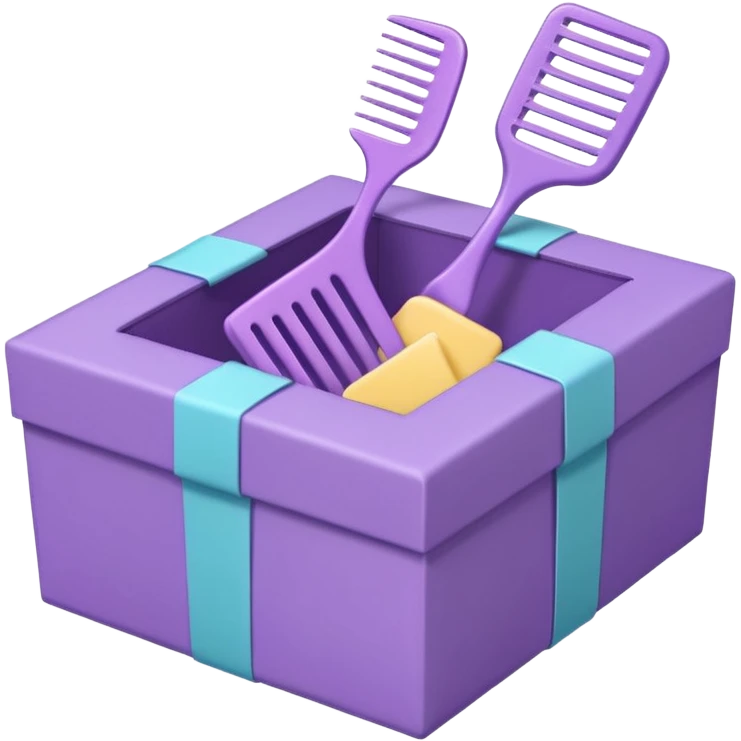 A cute emoji-style illustration of a purple gift box opened, with a comb inside the box. Soft pastel purple tones, simple shapes, rounded edges, clean lines, kawaii style, minimal details, bright and friendly expression, centered composition, transparent background, sticker emoji design emoji