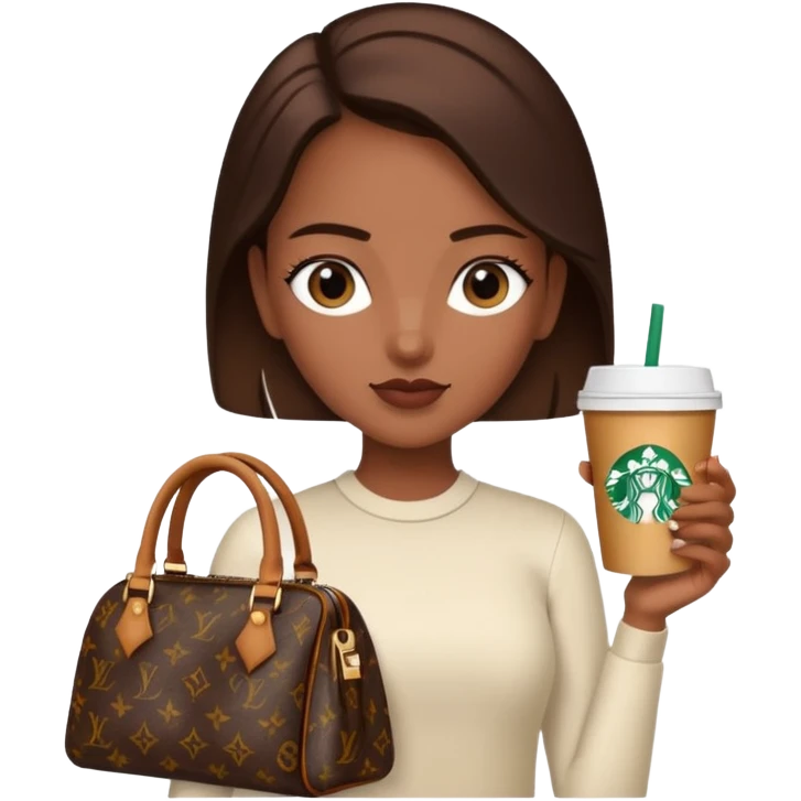 A girl with brown skin and a slick back hair and a luois vittion purse and Starbucks in hand emoji