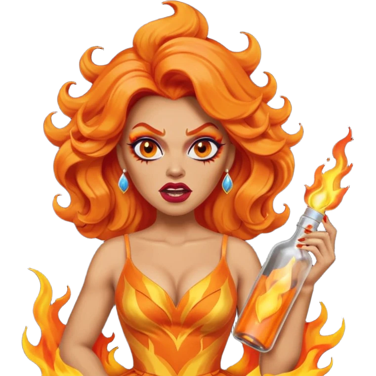 A fierce drag queen emoji with bright orange wavy hair styled with a bottle on top, dramatic makeup, expressive angry face, and an orange flame-themed dress. emoji