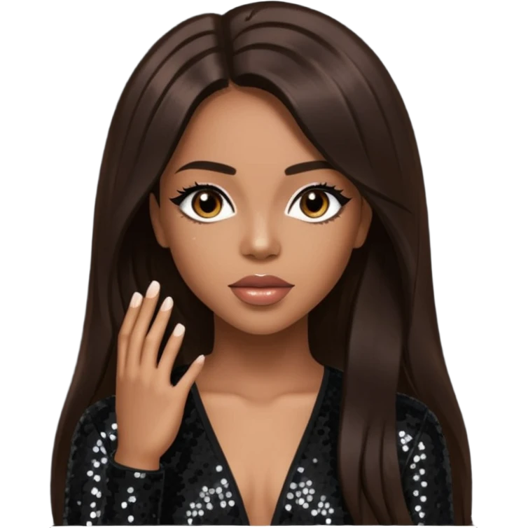 Aaliyah with long dark brown hair, black sequin outfit emoji