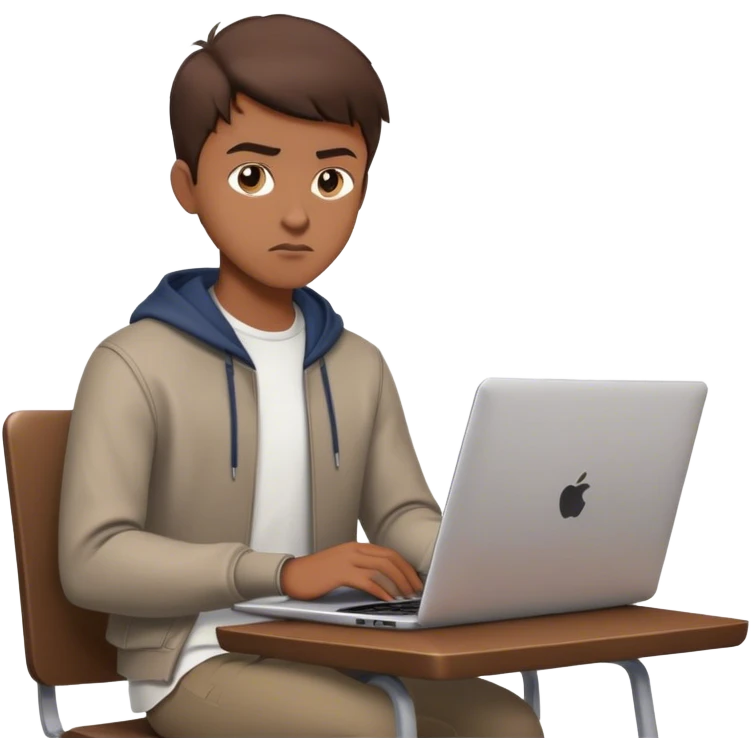 Emoji: A confident young man with short brown hair, focused while working on a sleek, modern laptop. He has a determined expression, wearing a casual but stylish outfit. The background is minimalistic, emphasizing productivity. emoji