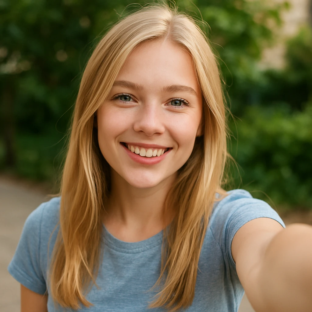 blonde girl taking a selfie emoji