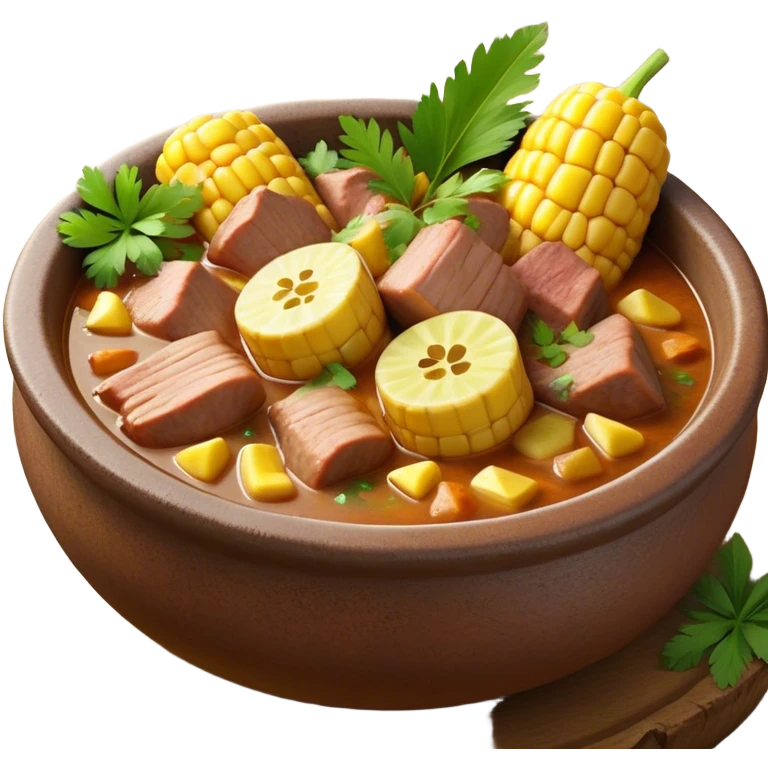 Cinematic Realistic Sancocho Antioqueño Emoji, depicting a hearty Colombian stew brimming with tender cuts of meat, yuca, plantains, corn on the cob, and potatoes in a rich, flavorful broth. Served in a rustic clay bowl with fresh cilantro and lime on the side, rendered with warm, inviting textures and homely, comforting lighting. emoji