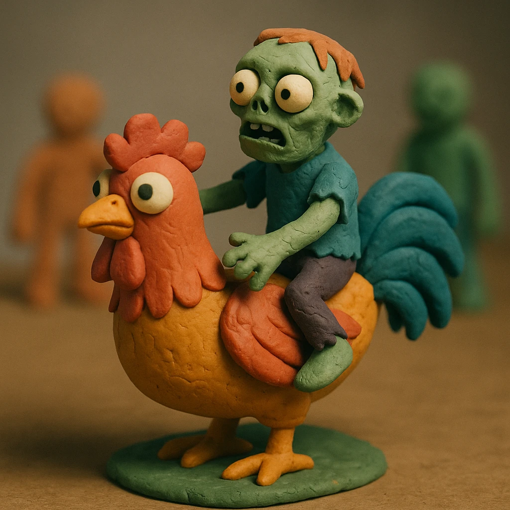 zombie riding a chicken, claymation style emoji