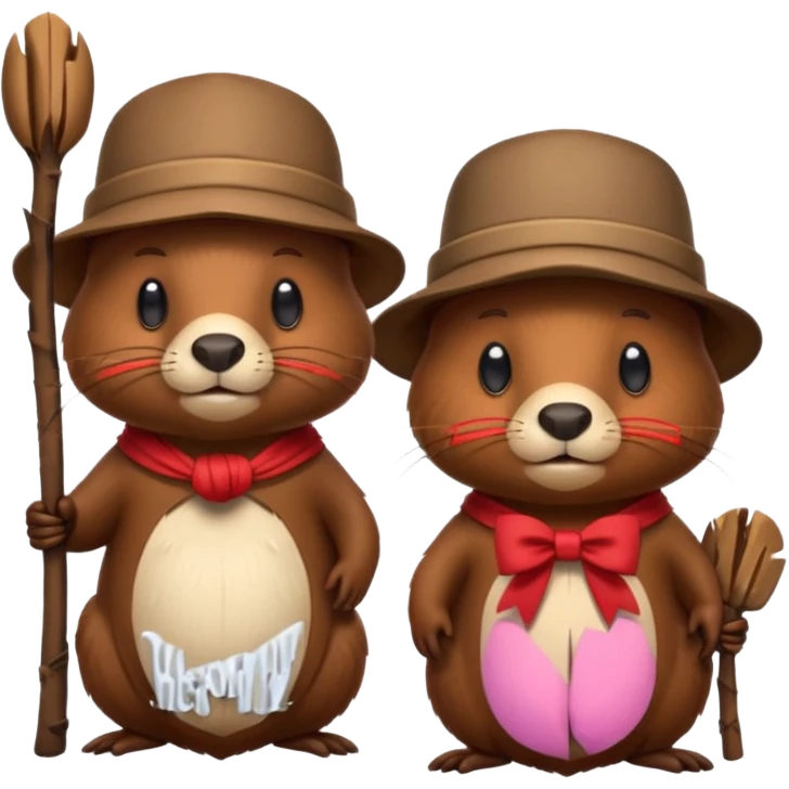 add a bow on the head of one beaver with another beaver without a bow on its head in a lodge of sticks and logs emoji
