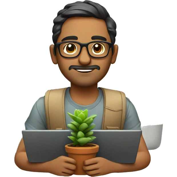 An indian developer with specs, laptops and succulent plants  emoji
