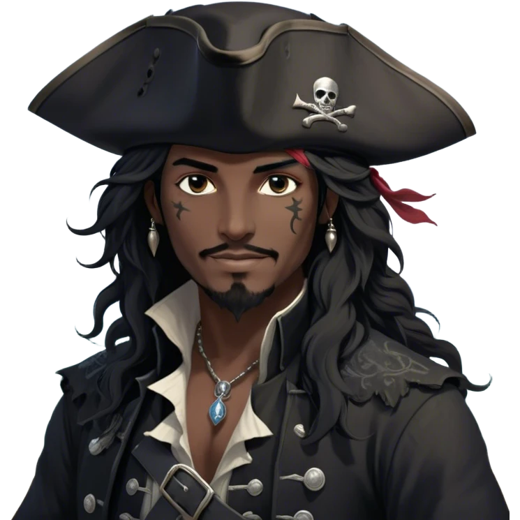 A charismatic pirate with wavy black hair that falls just past his shoulders, tousled slightly by the sea breeze. He wears a black tricorn hat with subtle silver embroidery along the edges, casting a shadow over his sharp, confident features. His piercing dark eyes glint with mischief as he gazes to the side, a knowing smile playing at his lips. His well-fitted black coat, adorned with polished silver buttons and intricate stitching, moves slightly with the wind, revealing glimpses of a deep-crimson waistcoat underneath. A silver chain dangles from his belt, catching the dim golden light of the setting sun. His posture is relaxed yet assured, exuding effortless charm as if he owns the sea itself. emoji