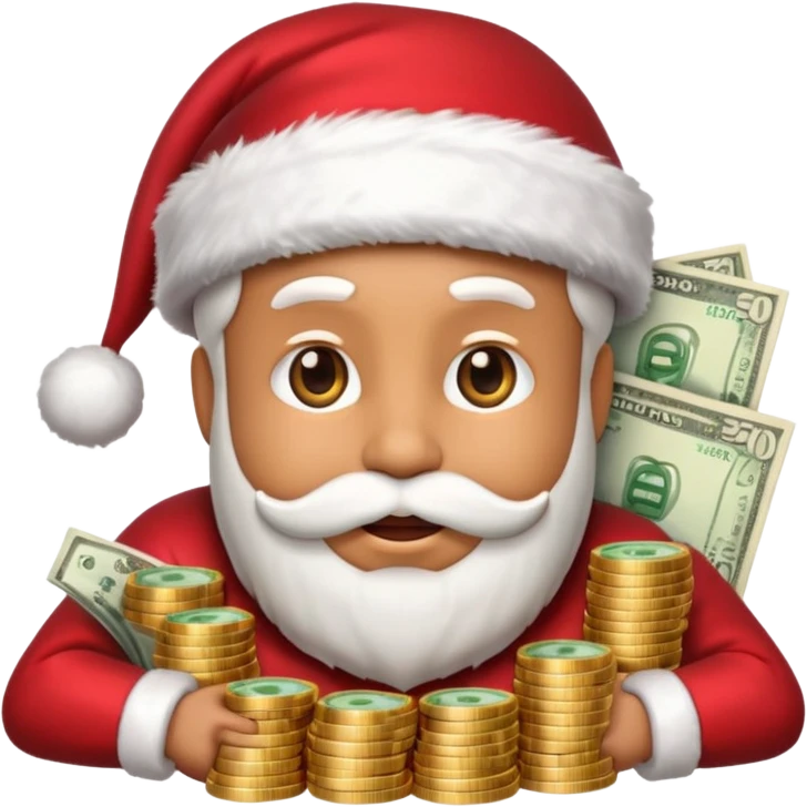 A confident rich emoji face wearing a Santa hat, money stacks, casino vibe, New Year theme, premium 3D emoji style, sharp details, no text, isolated on transparent background emoji