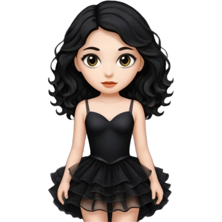 Beyaz tenli siyah tül çok açık elbise giyen siyah dalgalı saçı olan çekik gözlü  emoji