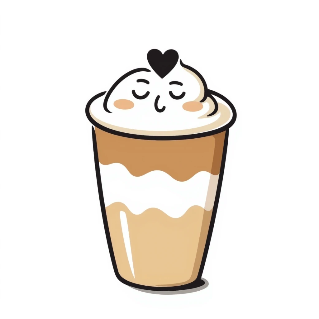 latte with heart foam and a cute face, caramel beige and coffee brown, dreamy hand-drawn Japanese style emoji