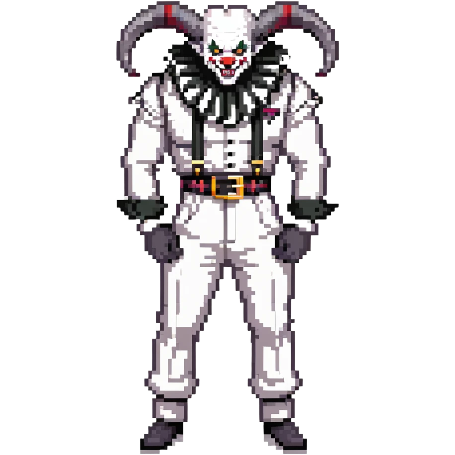 full-body muscular demonic clown in black and white leisure suit with bellbottom pants, bald, black ram horns, flashy black and white belt, ruffled white shirt, no neck tie, large fangs emoji